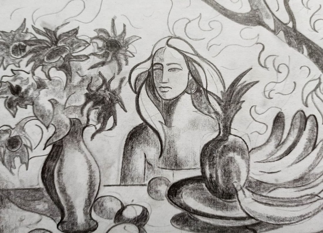 Pencil painting Girl at the table Peter Tovpev - 2