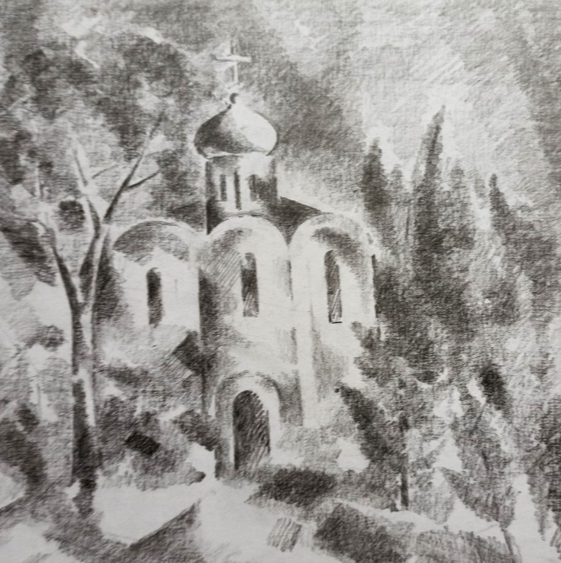 Abstract pencil painting Landscape with a church Peter Tovpev (1 of 4)