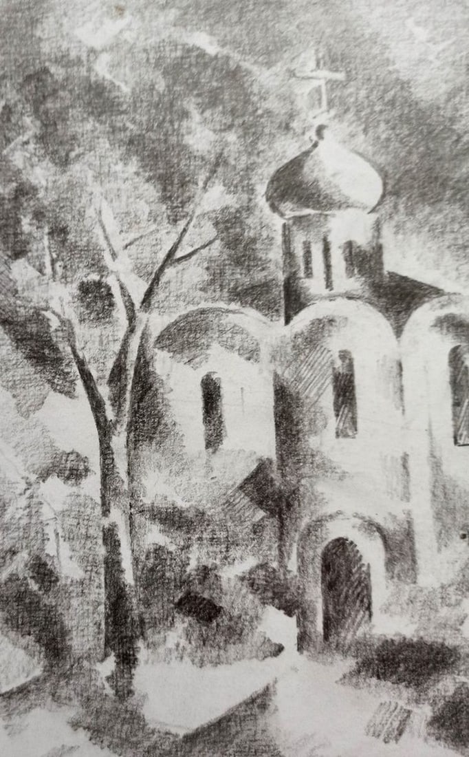 Abstract pencil painting Landscape with a church Peter Tovpev - 2