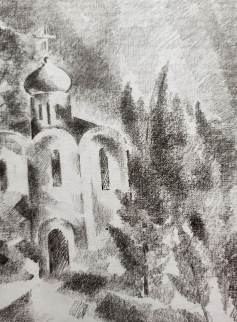 Abstract pencil painting Landscape with a church Peter Tovpev - 3