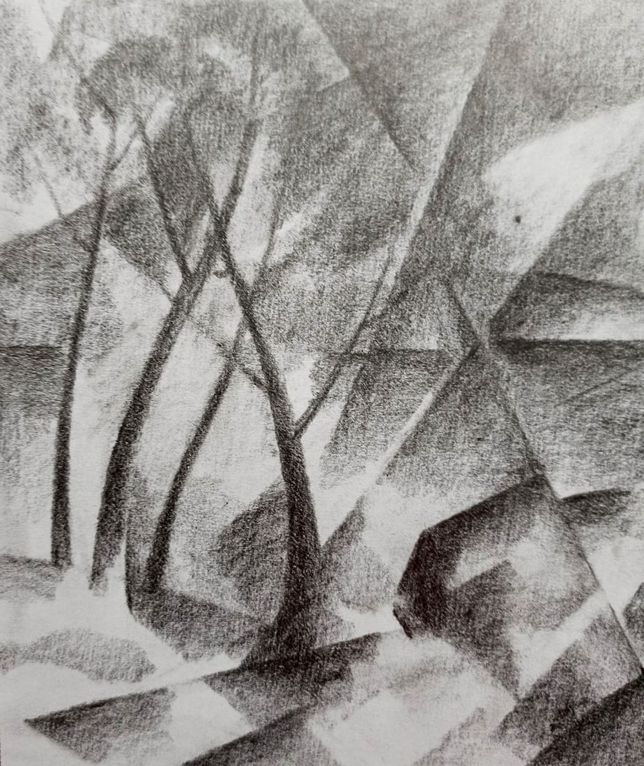 Abstract pencil painting Landscape with a church Peter Tovpev - 2
