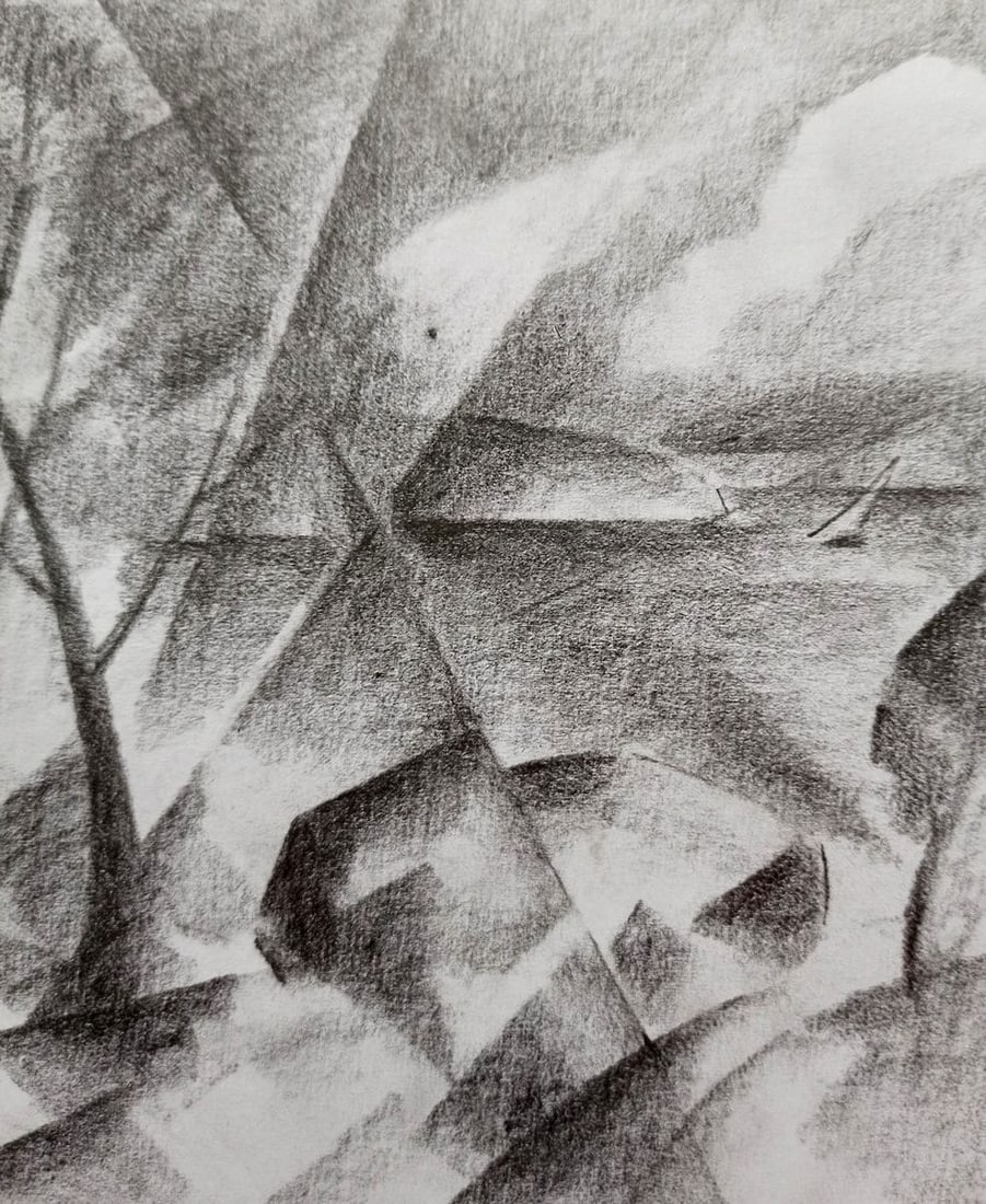 Abstract pencil painting Landscape with a church Peter Tovpev - 3