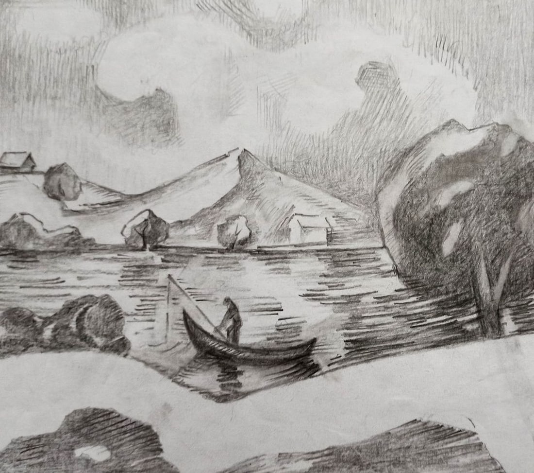 Pencil painting Landscape with a fisherman Peter Tovpev (1 of 4)