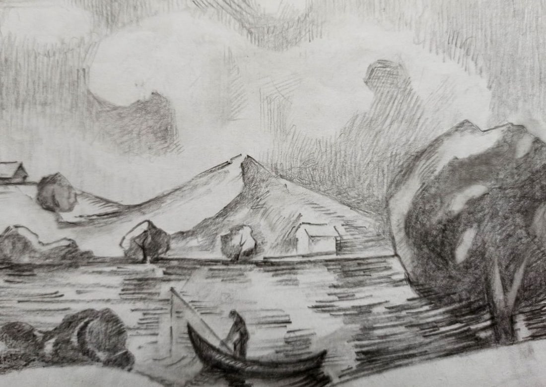Pencil painting Landscape with a fisherman Peter Tovpev - 2