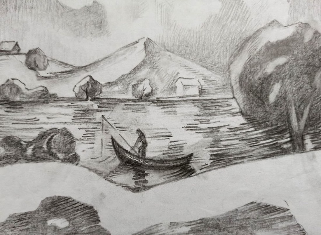 Pencil painting Landscape with a fisherman Peter Tovpev - 3