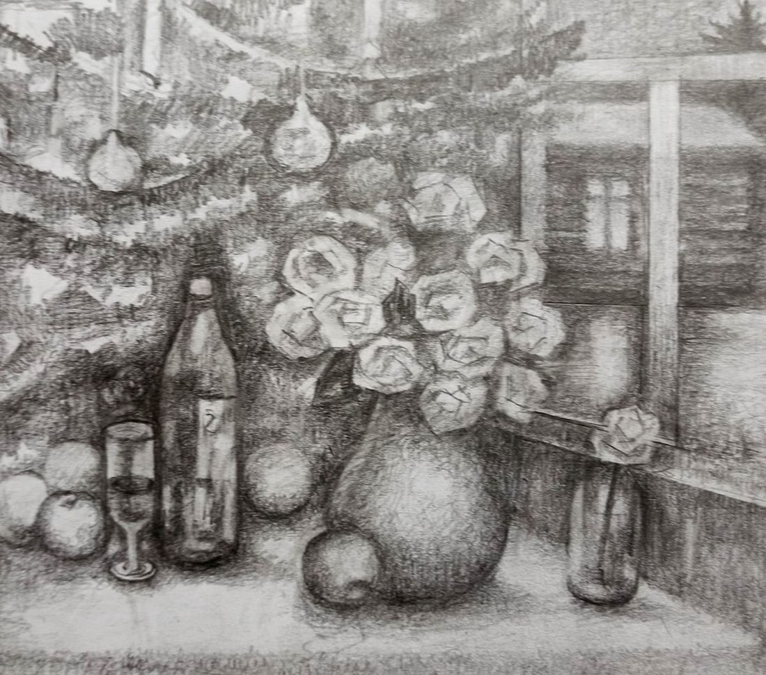 Pencil painting Still life Peter Tovpev: Title: Pencil painting Still life Peter Tovpev Description: NoDobr 579 *** ABOUT THIS PAINTING *** * TITLE: "Still life" * ARTISTS: Peter Tovpev * SIZE: 16x18 cm/'6.29x7.08 inches' * MEDIUM: pencil,