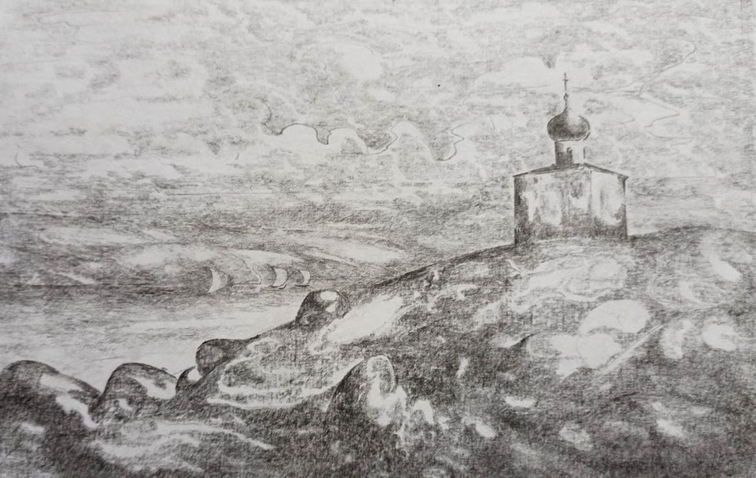 Pencil painting Temple on the hill Peter Tovpev (1 of 4)