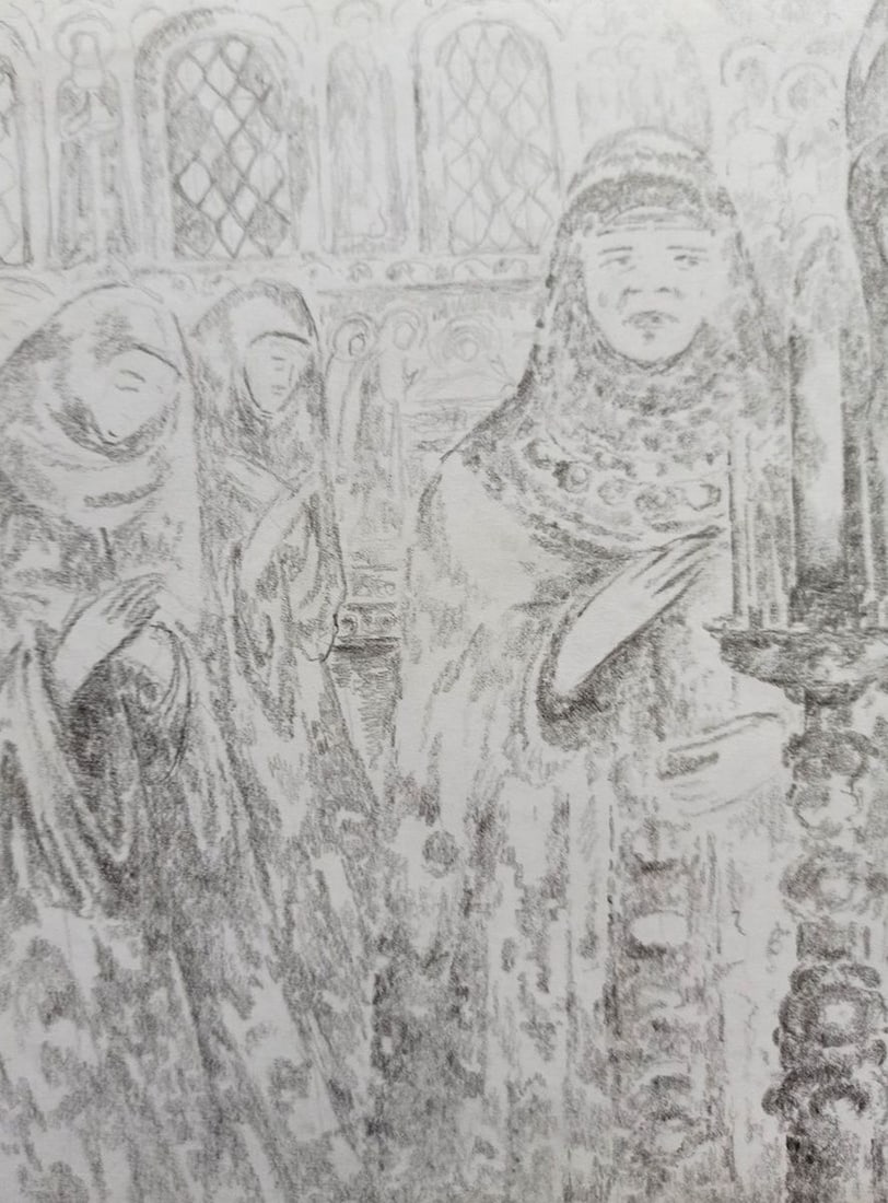Pencil painting In the monastery Peter Tovpev - 2