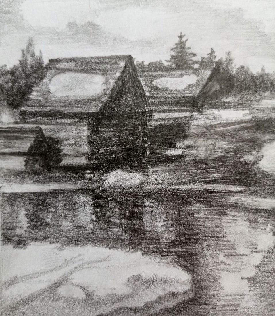 Pencil painting Village landscape Peter Tovpev - 2