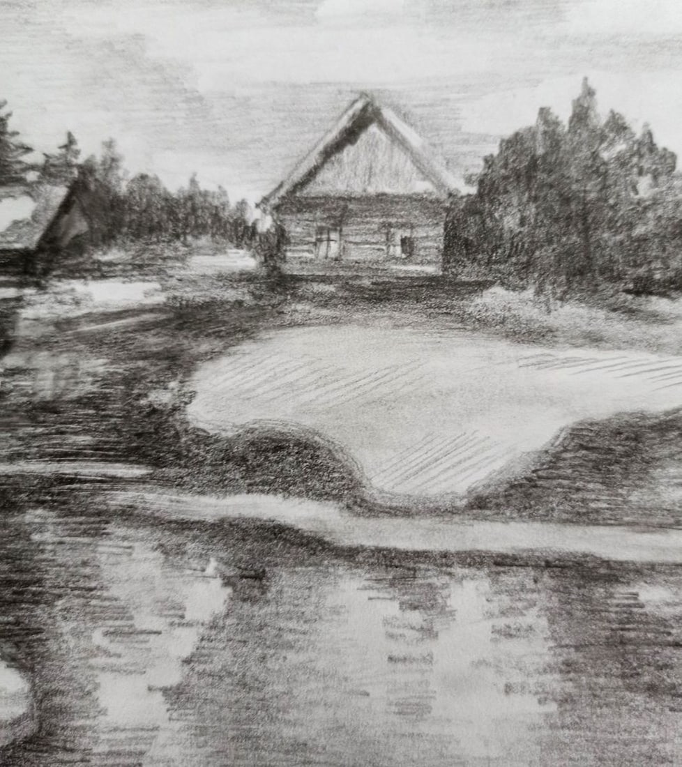 Pencil painting Village landscape Peter Tovpev - 3
