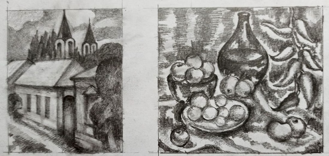 Double pencil painting Landscape with a church Peter Tovpev (1 of 5)