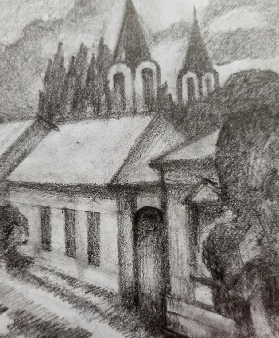 Double pencil painting Landscape with a church Peter Tovpev - 2