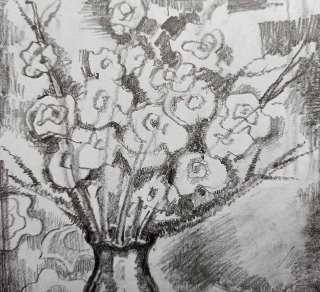 Pencil painting Flowers on the table Peter Tovpev - 2