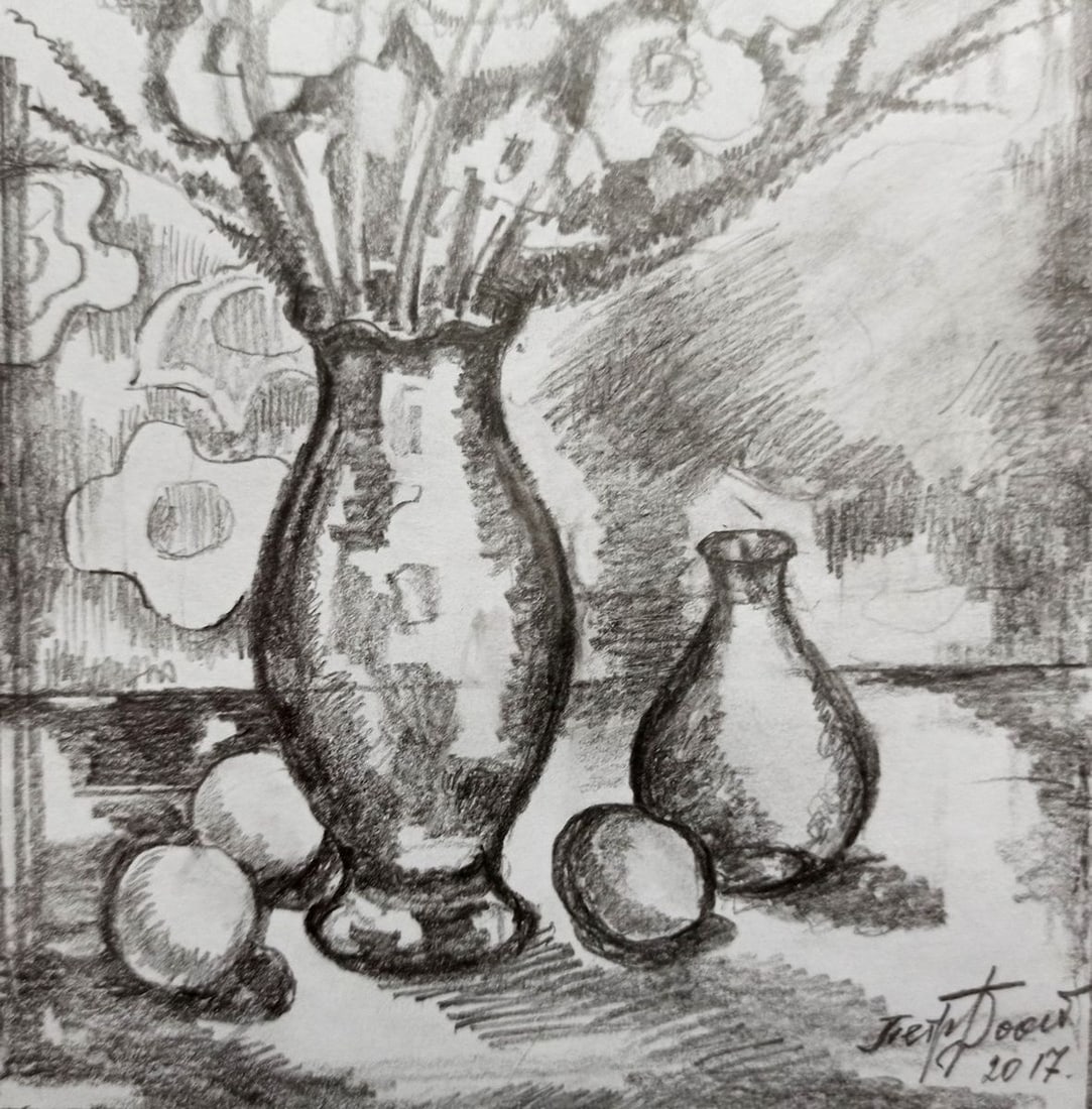 Pencil painting Flowers on the table Peter Tovpev - 3