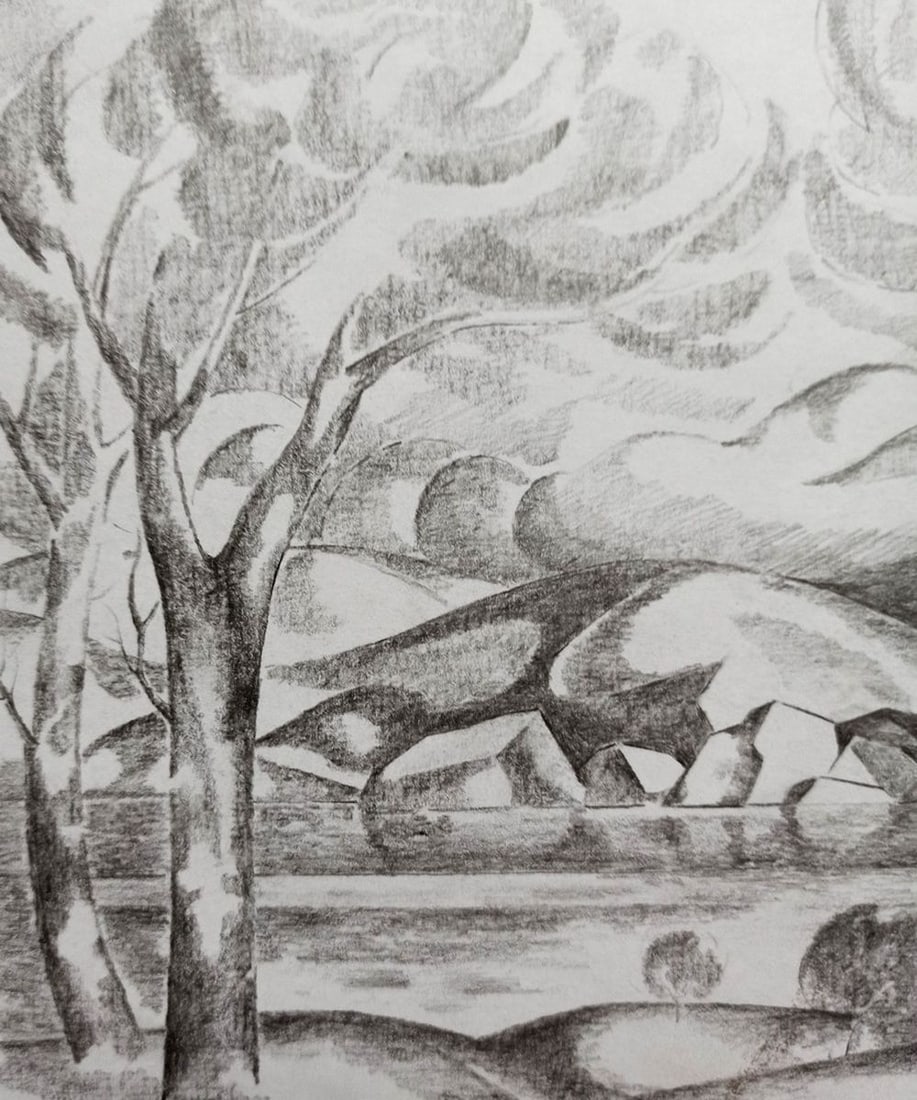 Abstract pencil painting Hills and trees Peter Tovpev - 2