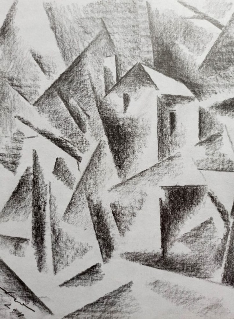 Abstract pencil painting Houses in the forest Peter Tovpev - 2