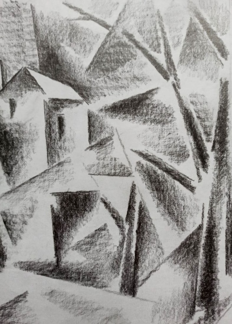 Abstract pencil painting Houses in the forest Peter Tovpev - 3