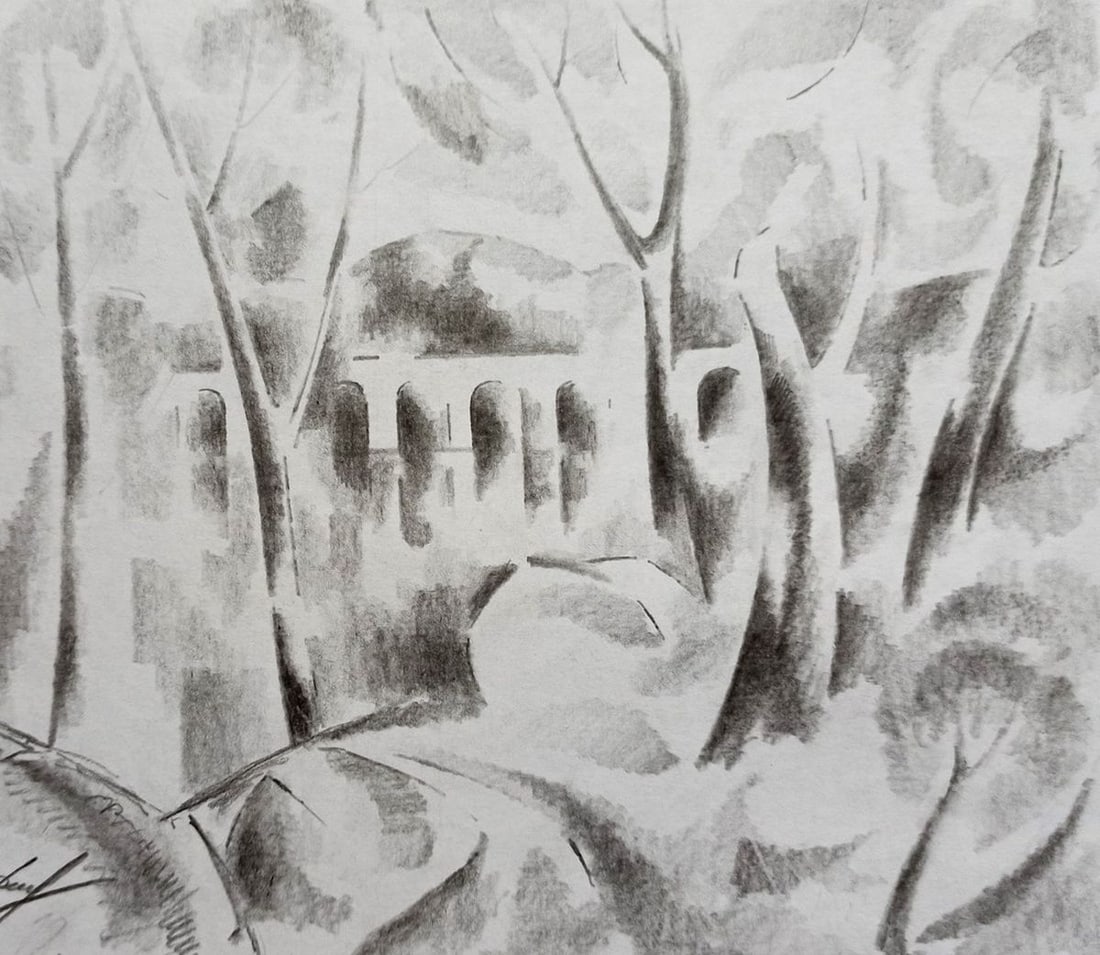 Abstract pencil painting Landscape with a bridge Peter Tovpev (1 of 4)