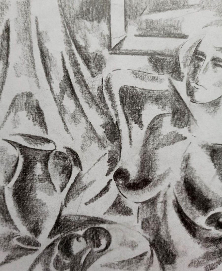 Abstract pencil painting Naked girl at the table Peter Tovpev - 2