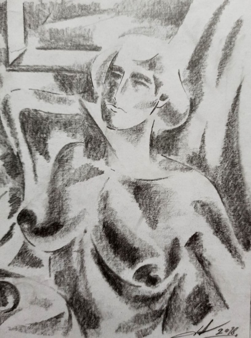Abstract pencil painting Naked girl at the table Peter Tovpev - 3