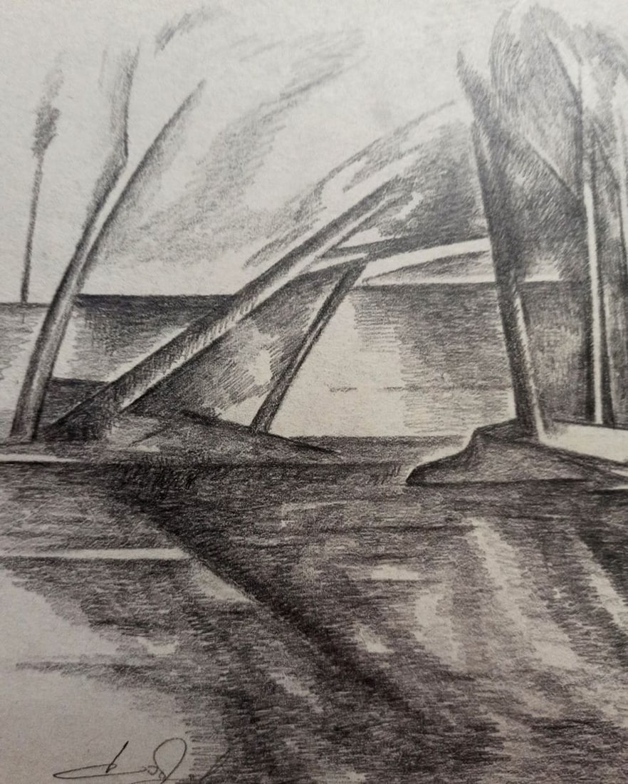 Abstract pencil painting River landscape Peter Tovpev - 2