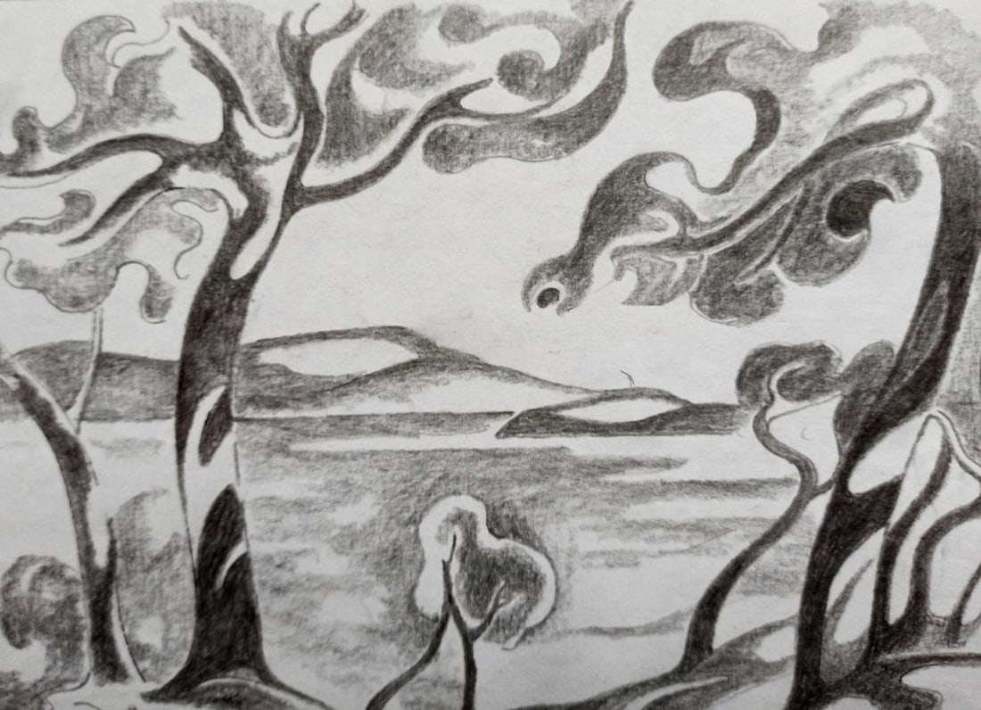 Abstract pencil painting Summer landscape Peter Tovpev - 2