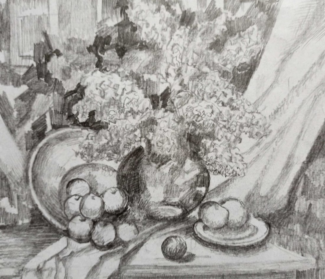 Pencil painting Still life Peter Tovpev: Title: Pencil painting Still life Peter Tovpev Description: NoDobr 681 *** ABOUT THIS PAINTING *** * TITLE: "Still life" * ARTISTS: Peter Tovpev * SIZE: 15x16 cm/'5.90x6.29 inches' * MEDIUM: pencil, p