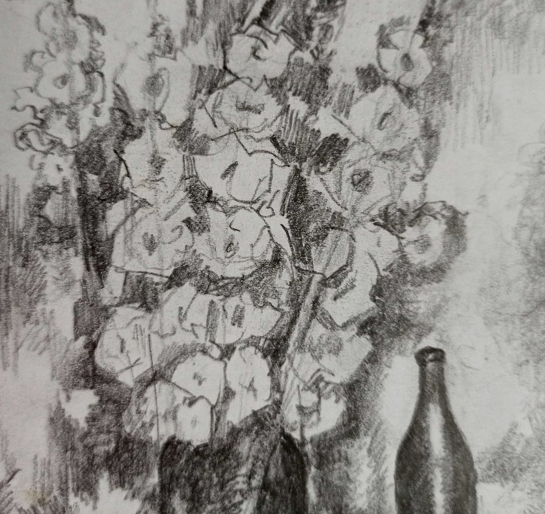 Pencil painting Flowers on the table Peter Tovpev - 2
