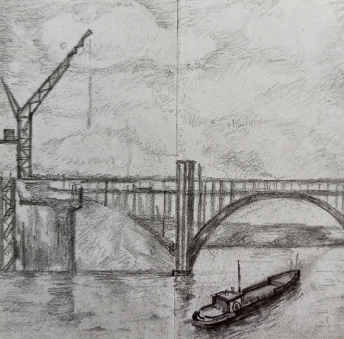 Pencil painting Landscape with a bridge Peter Tovpev - 2
