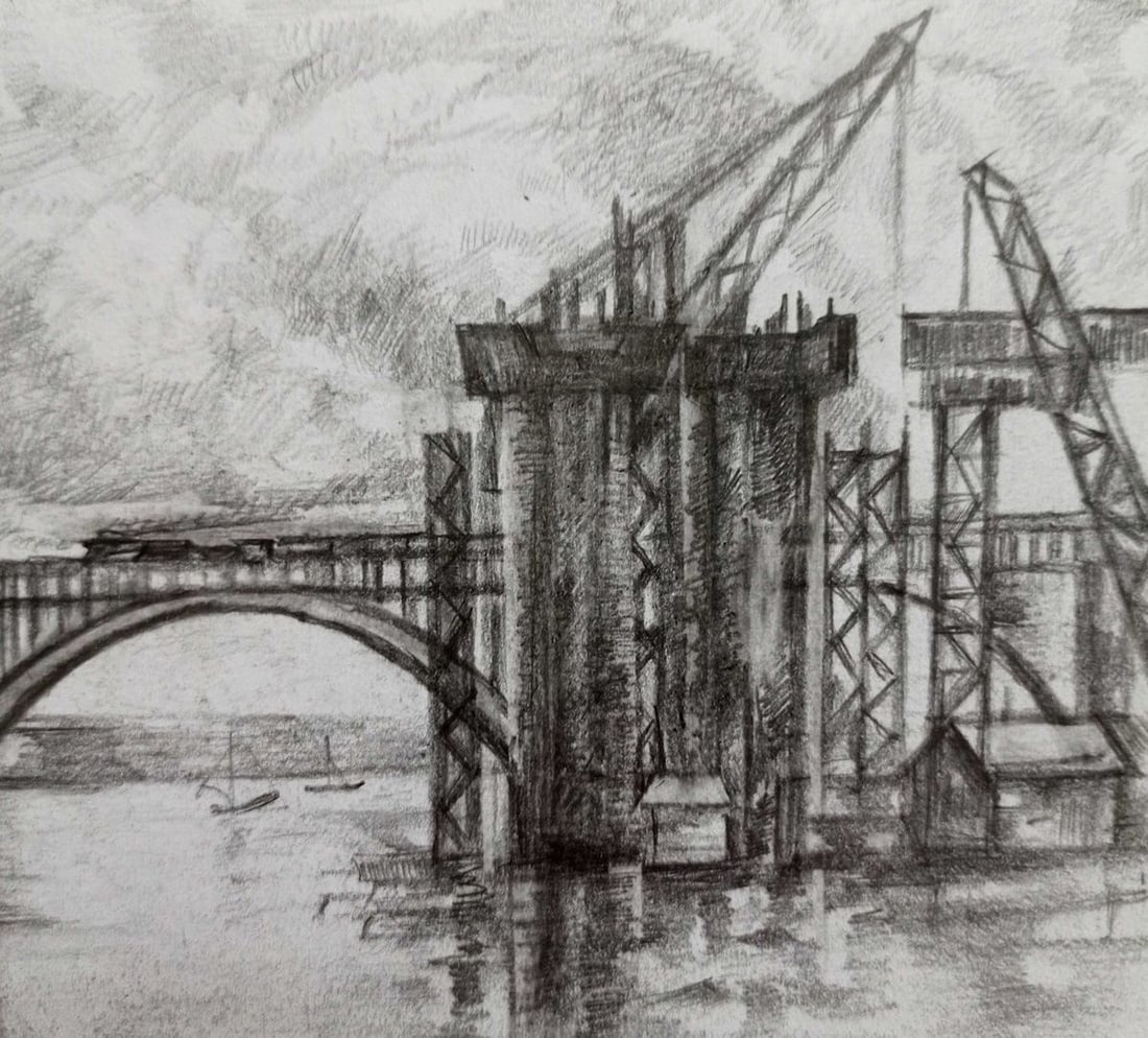 Pencil painting Landscape with a bridge Peter Tovpev - 3