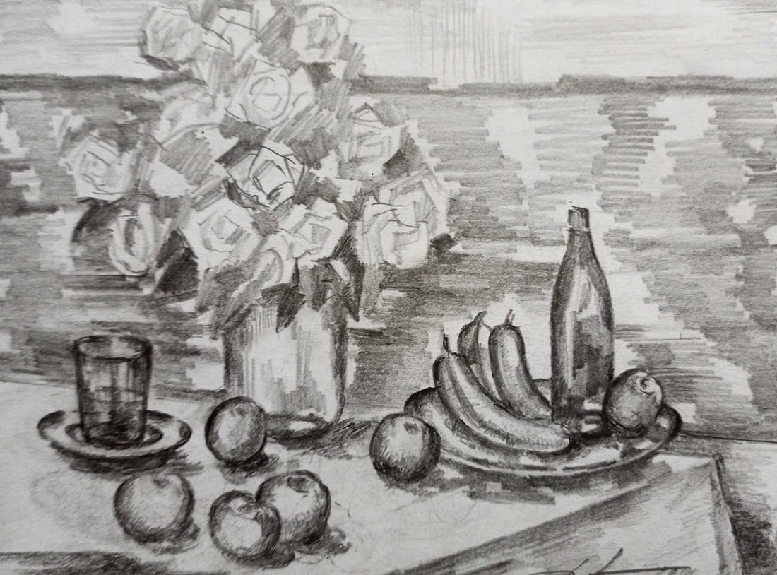 Pencil painting Still life Peter Tovpev: Title: Pencil painting Still life Peter Tovpev Description: NoDobr 714 *** ABOUT THIS PAINTING *** * TITLE: "Still life" * ARTISTS: Peter Tovpev * SIZE: 14x18 cm/'5.51x7.08 inches' * MEDIUM: pencil,