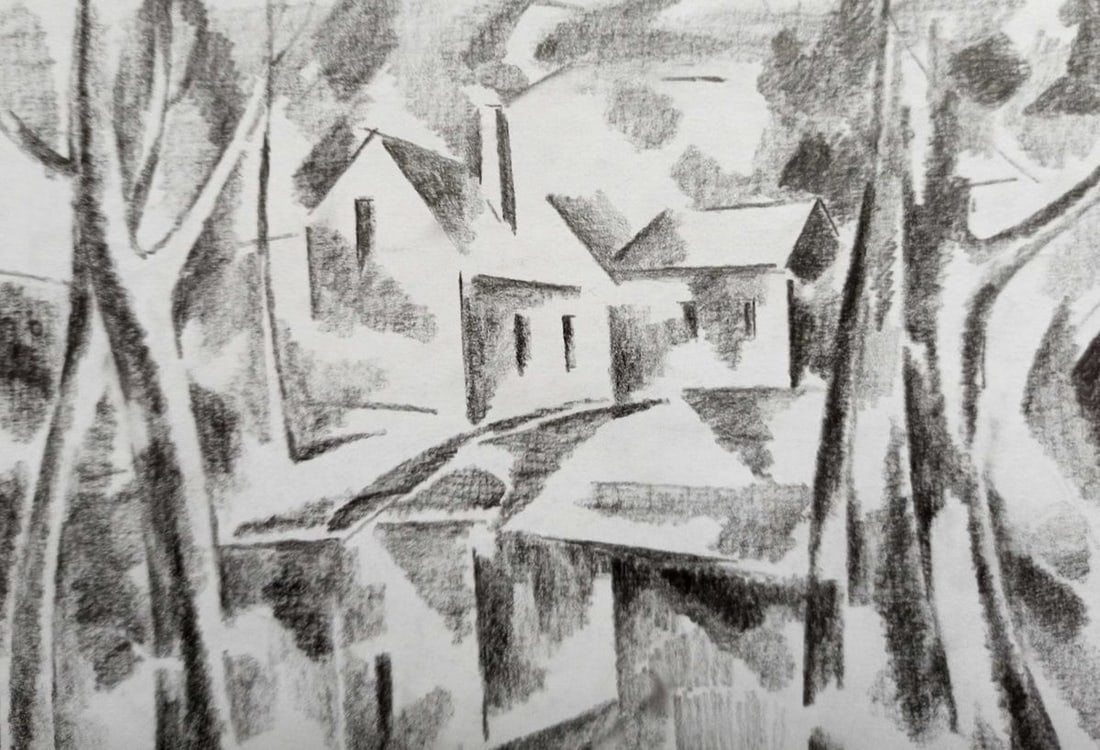 Abstract pencil painting Houses on the outskirts Peter Tovpev - 2