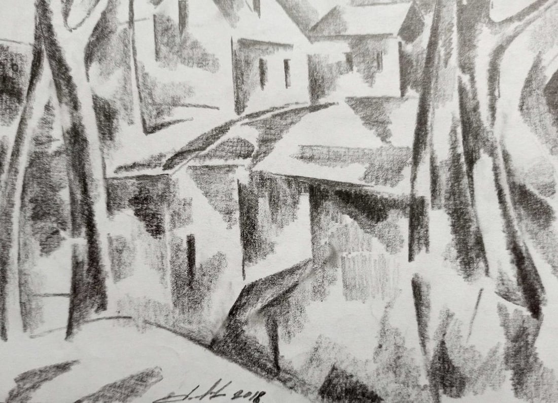 Abstract pencil painting Houses on the outskirts Peter Tovpev - 3