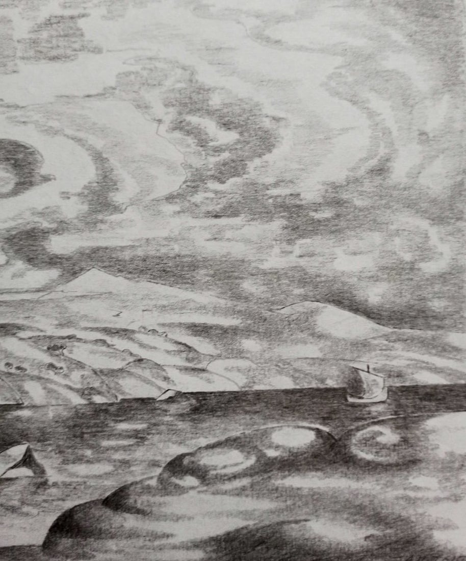 Pencil painting River landscape Peter Tovpev - 3