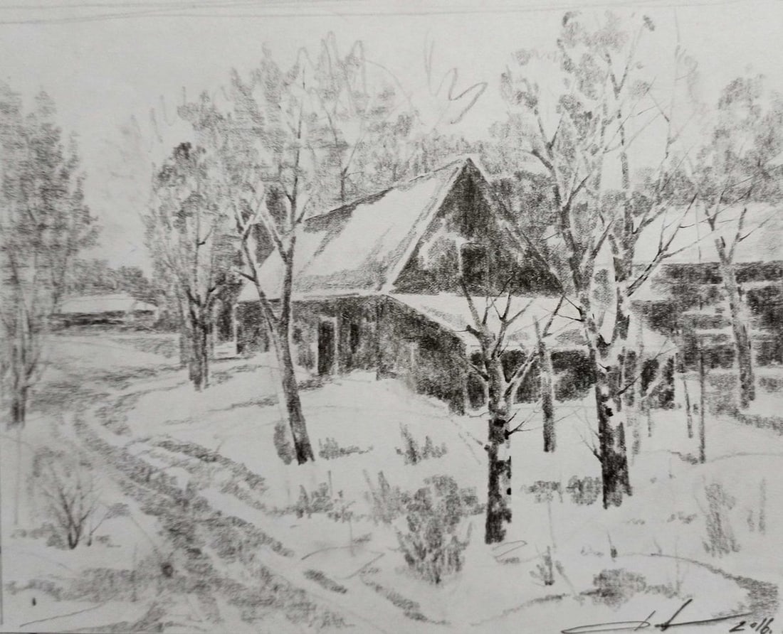Pencil painting Village landscape Peter Tovpev (1 of 4)