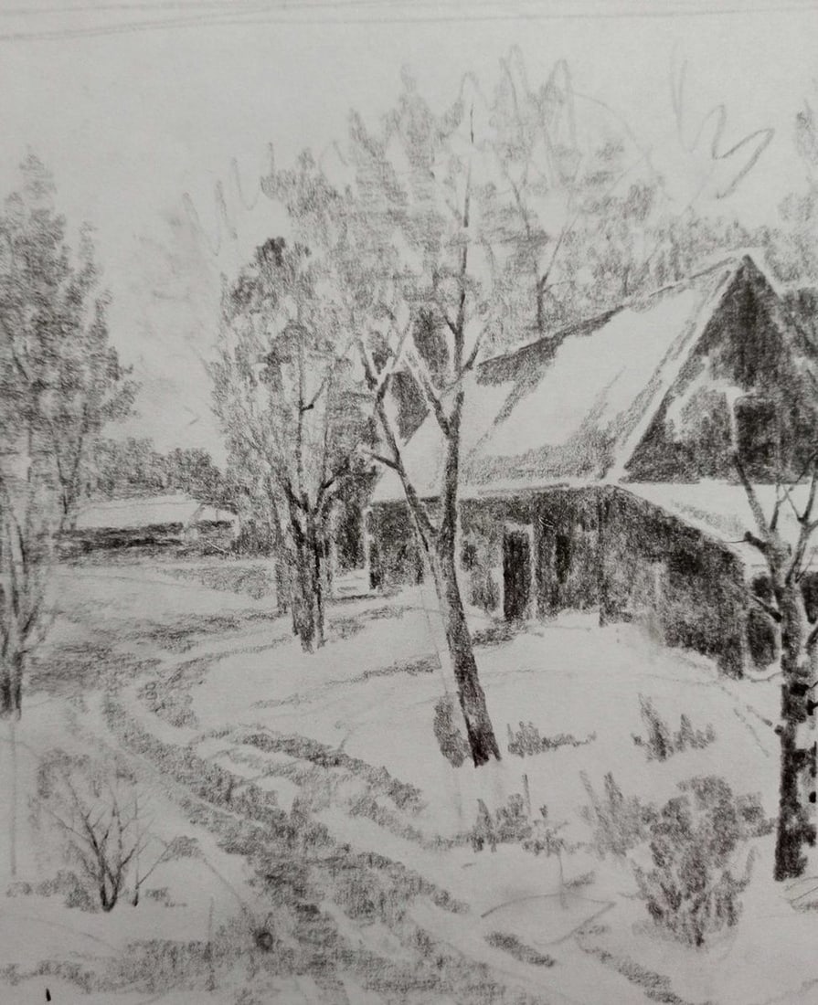 Pencil painting Village landscape Peter Tovpev - 2