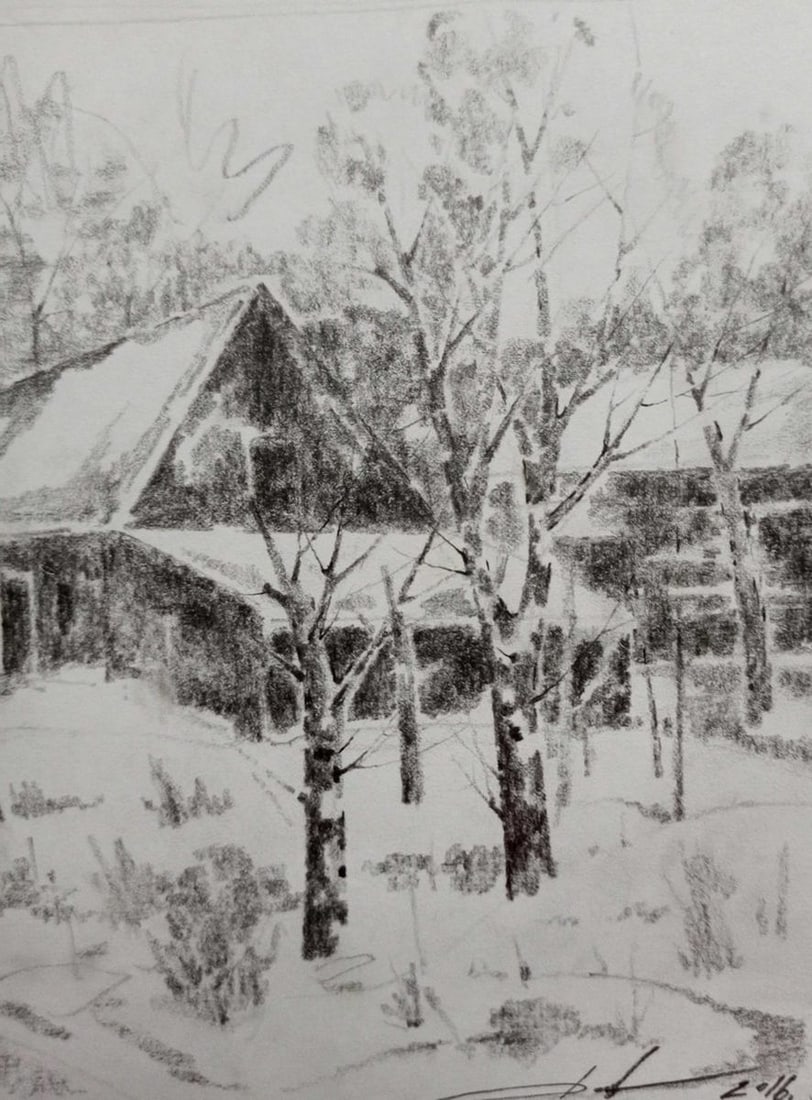Pencil painting Village landscape Peter Tovpev - 3