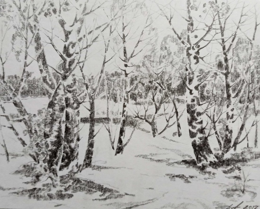 Pencil painting Winter landscape Peter Tovpev (1 of 4)