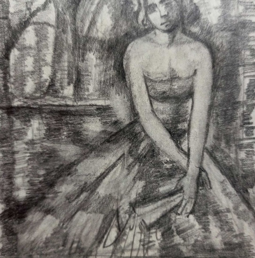 Pencil painting A girl in a dress Peter Tovpev - 3