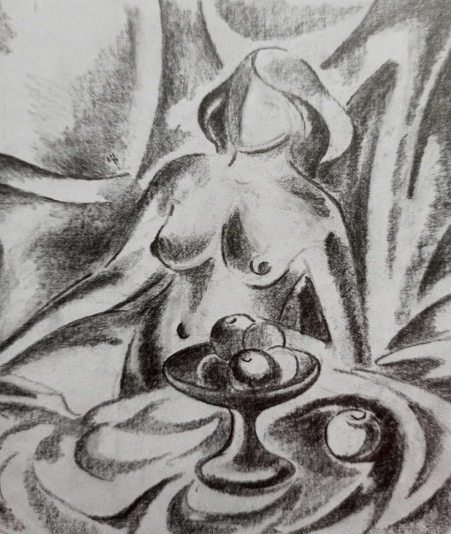 Abstract pencil painting Naked woman at the table Peter Tovpev - 3