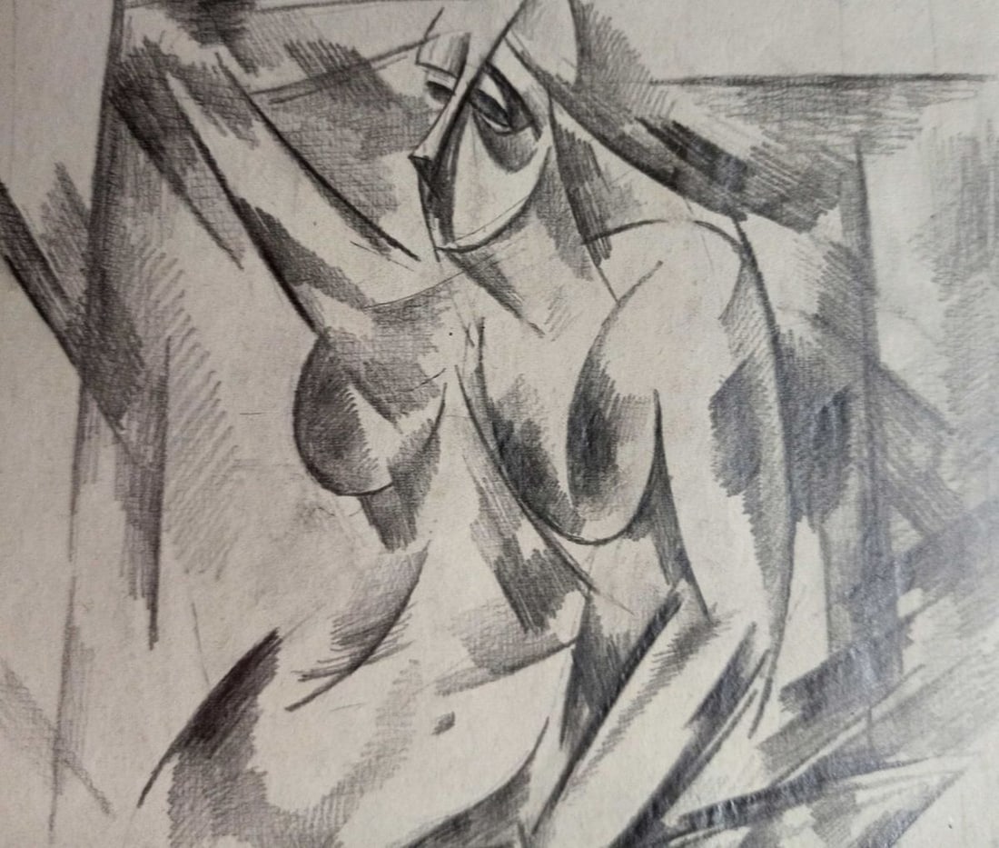 Abstract pencil painting Naked woman at the table Peter Tovpev - 2
