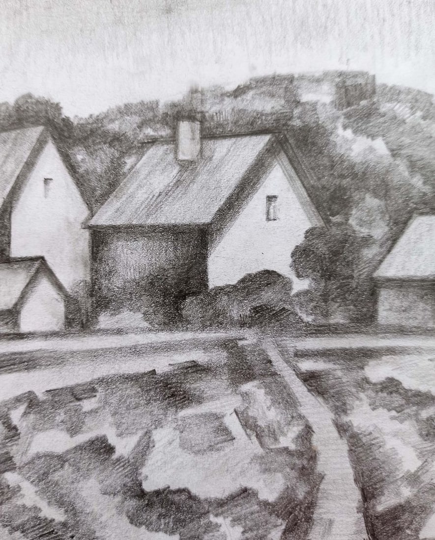 Pencil painting Village landscape Peter Tovpev - 2