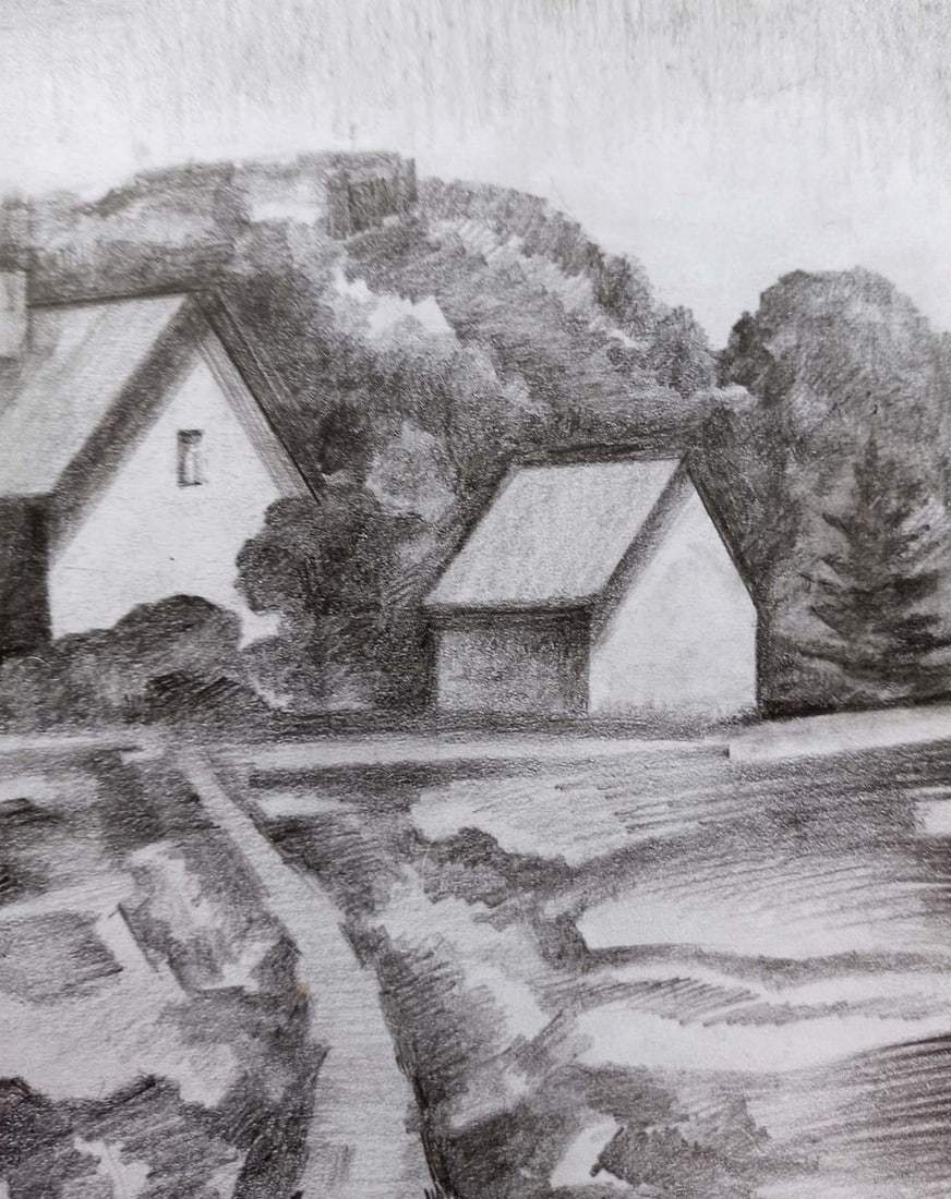 Pencil painting Village landscape Peter Tovpev - 3