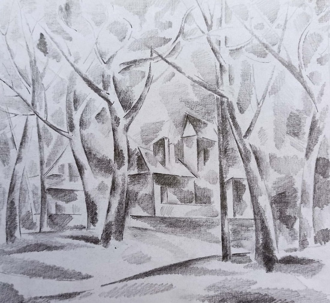 Abstract pencil painting Houses through the trees Peter Tovpev (1 of 4)