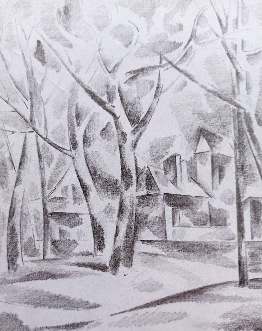 Abstract pencil painting Houses through the trees Peter Tovpev - 2