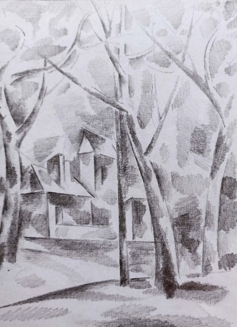 Abstract pencil painting Houses through the trees Peter Tovpev - 3