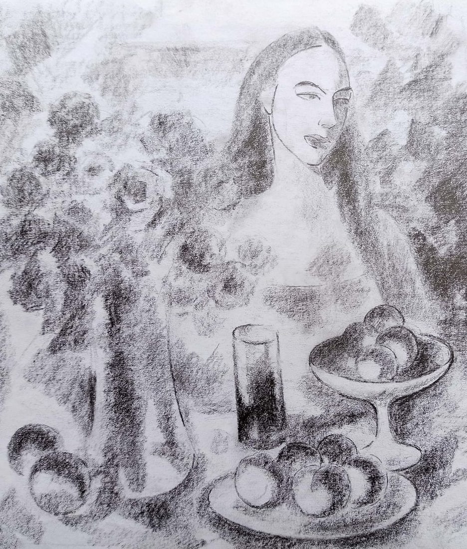 Pencil painting Girl at the table Peter Tovpev (1 of 4)