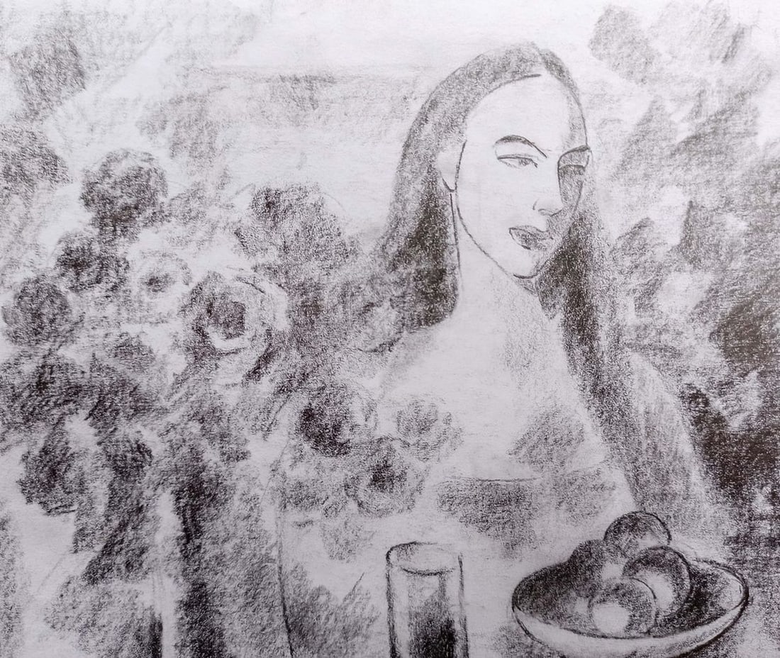 Pencil painting Girl at the table Peter Tovpev - 2