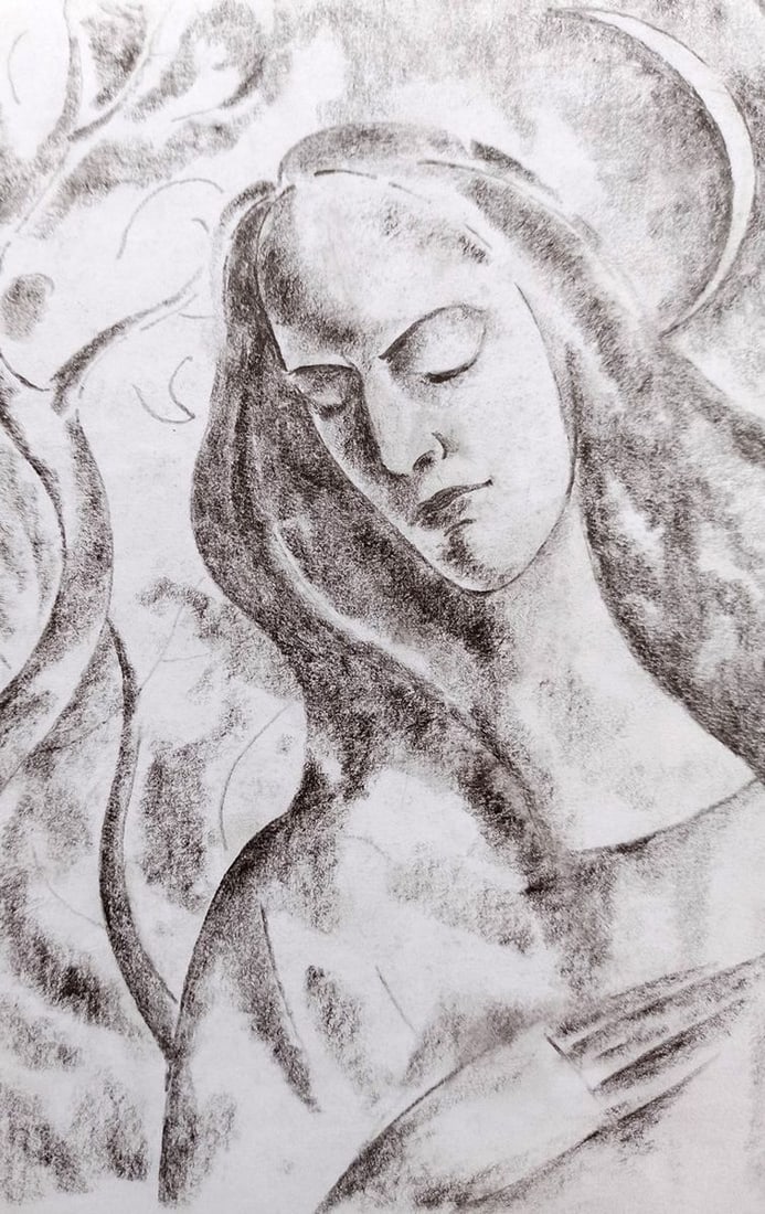 Abstract pencil painting Girl on the background of the moon Peter Tovpev - 2
