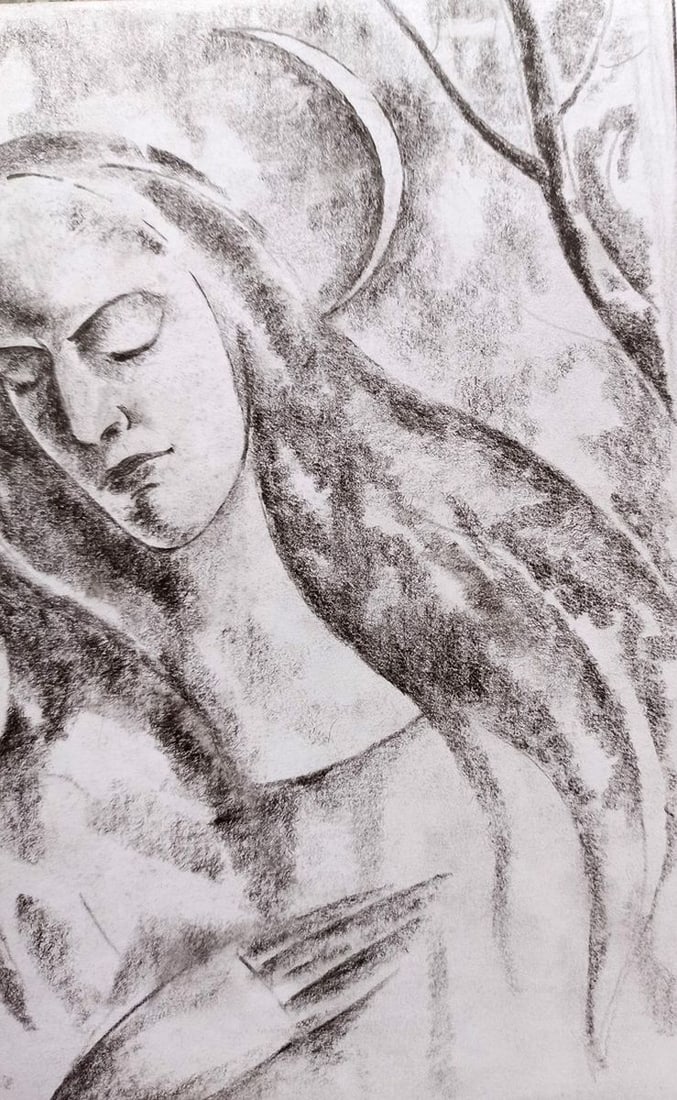 Abstract pencil painting Girl on the background of the moon Peter Tovpev - 3